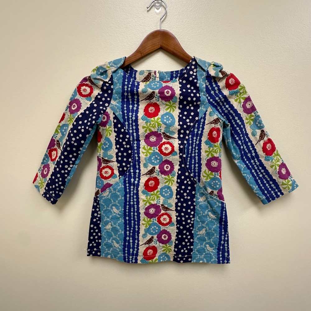Handmade Kids Floral Bird Patchwork Tunic Top Blue Red Cotton Long Sleeve Pocket